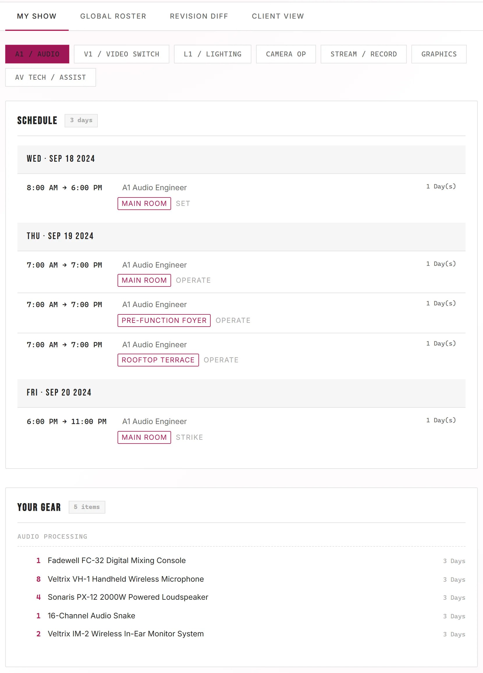 The A1 audio sheet: a three day schedule with room and set, operate, strike calls, then a five item gear list